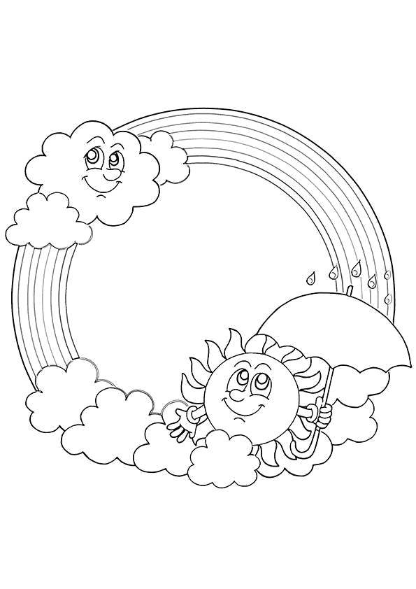 Coloring Happy sun and cloud. Category The rainbow. Tags:  Rainbow, clouds, sun.