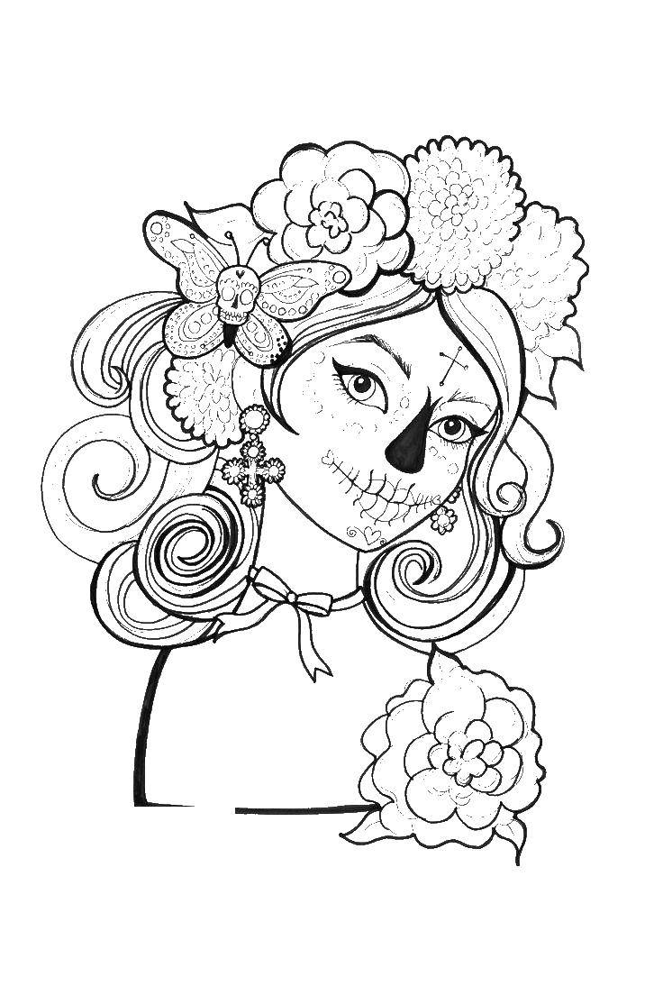 Название: Раскраска Девушка с гримом черепа. Категория: Череп. Теги: девушка, череп.