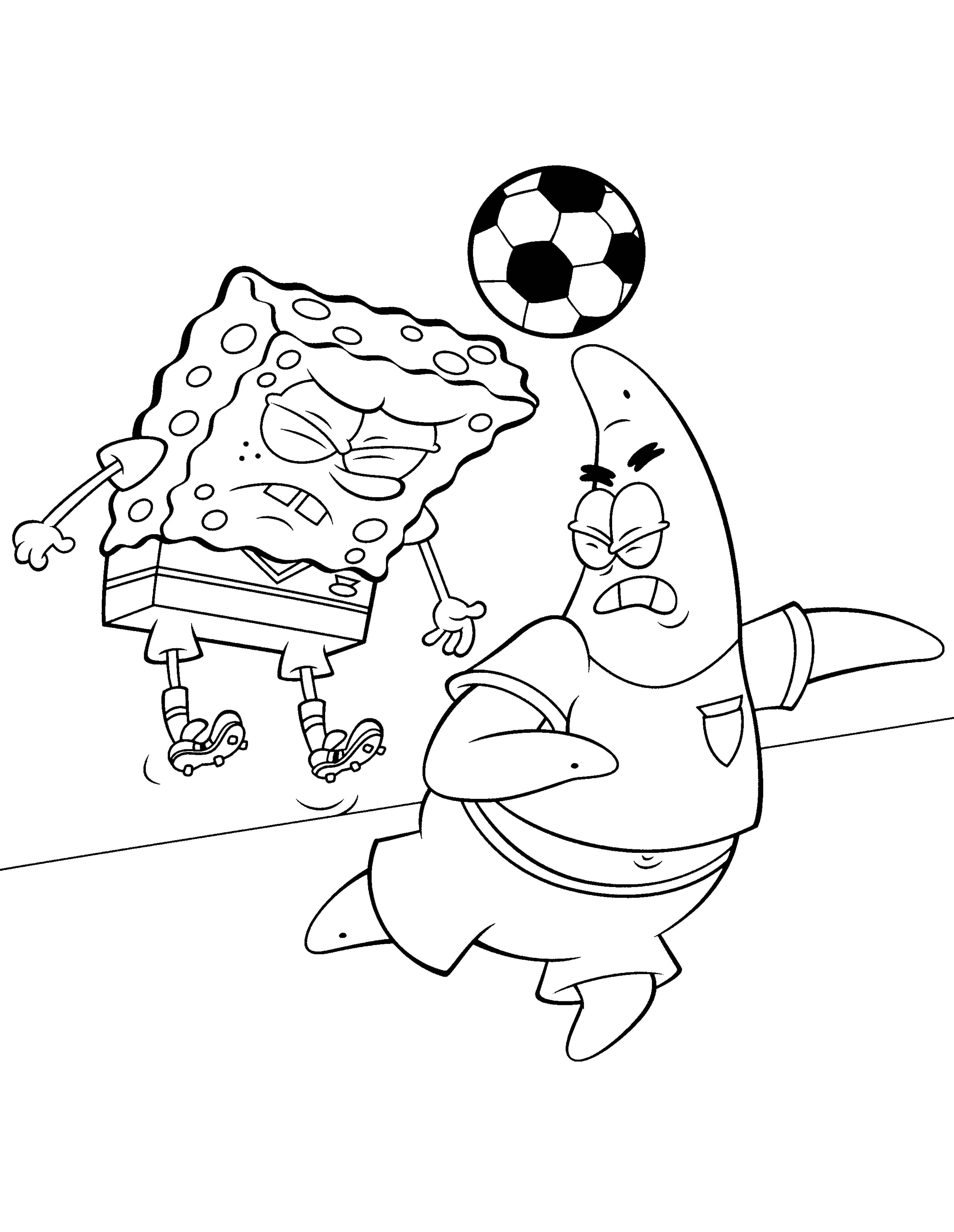 Название: Раскраска Спанч боб и патрик играют в футбол. Категория: Спорт. Теги: Персонаж из мультфильма, Спанч Боб, Губка Боб, Патрик.