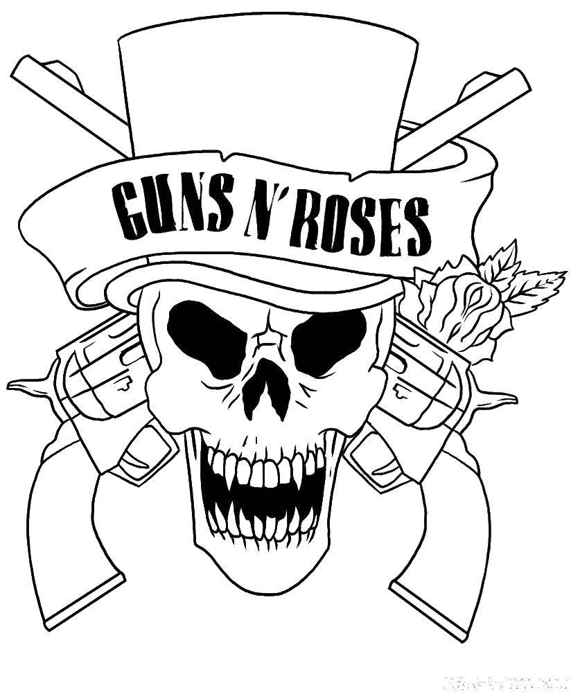 Название: Раскраска Череп ружья и розы . Категория: Череп. Теги: череп, пистолеты, розы.
