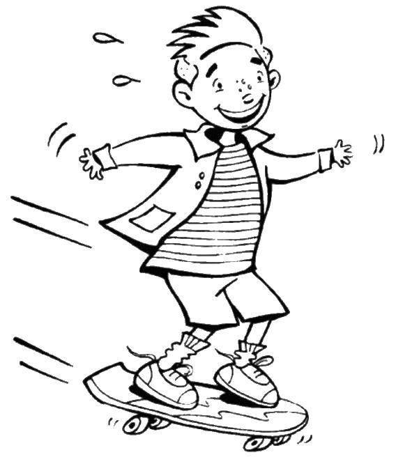 Название: Раскраска Мальчик на скейтборде. Категория: Спорт. Теги: спорт, скейтборд, скейтбордист, мальчик.