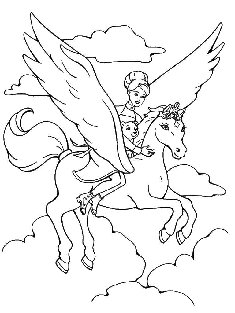 Название: Раскраска Принцесса на крылатом коне. Категория: Сказки. Теги: сказки, принцесса, крылатый конь.