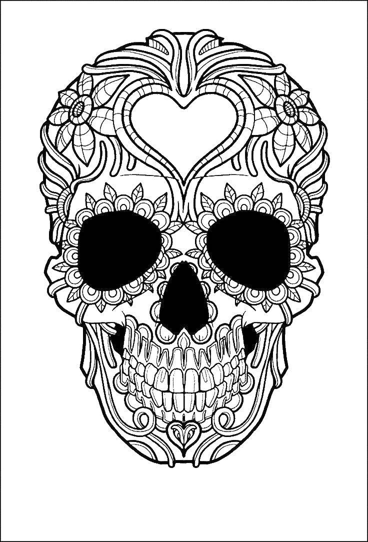 Название: Раскраска Расписной череп. Категория: Череп. Теги: череп, узоры, цветы.