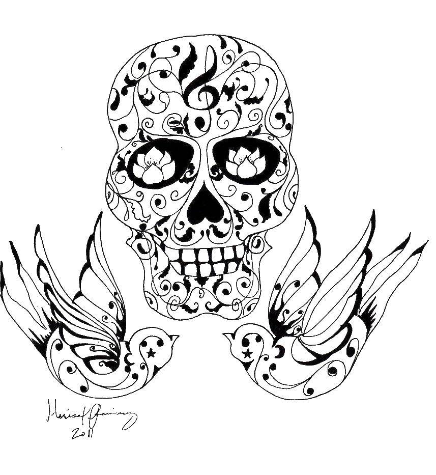 Coloring Skull and birds in the patterns. Category Skull. Tags:  Skull, patterns.