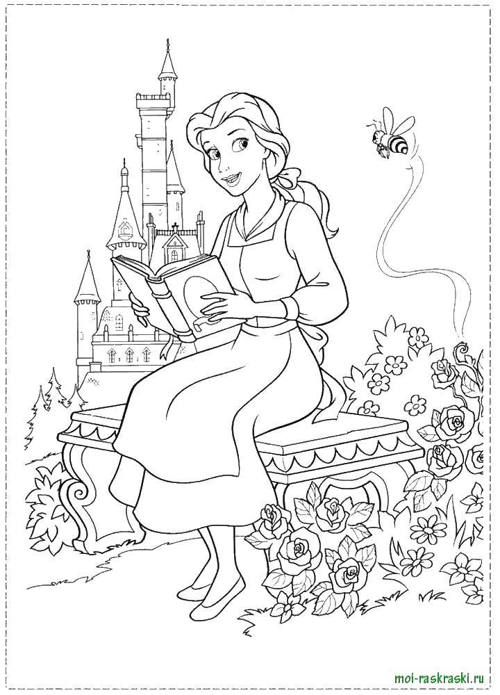 Название: Раскраска Красавица белл читает книгу в саду. Категория: принцесса. Теги: Белл, красавица.