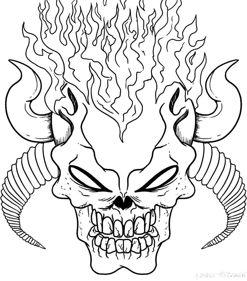 Coloring Skull with flames. Category Skull. Tags:  skull, horns, flame.