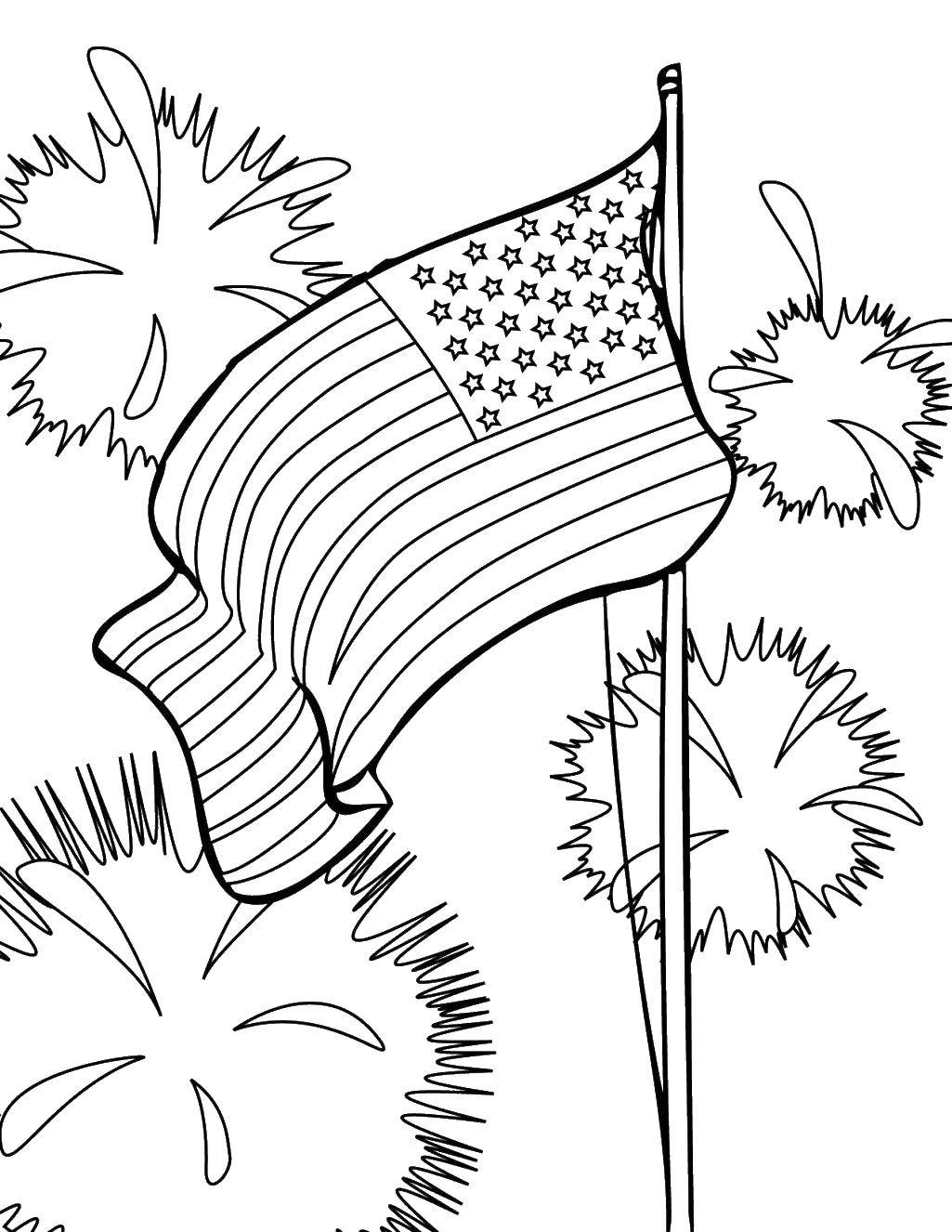 Название: Раскраска Флаг сша, салют. Категория: США. Теги: сша, праздник, 4 июля, флаг.