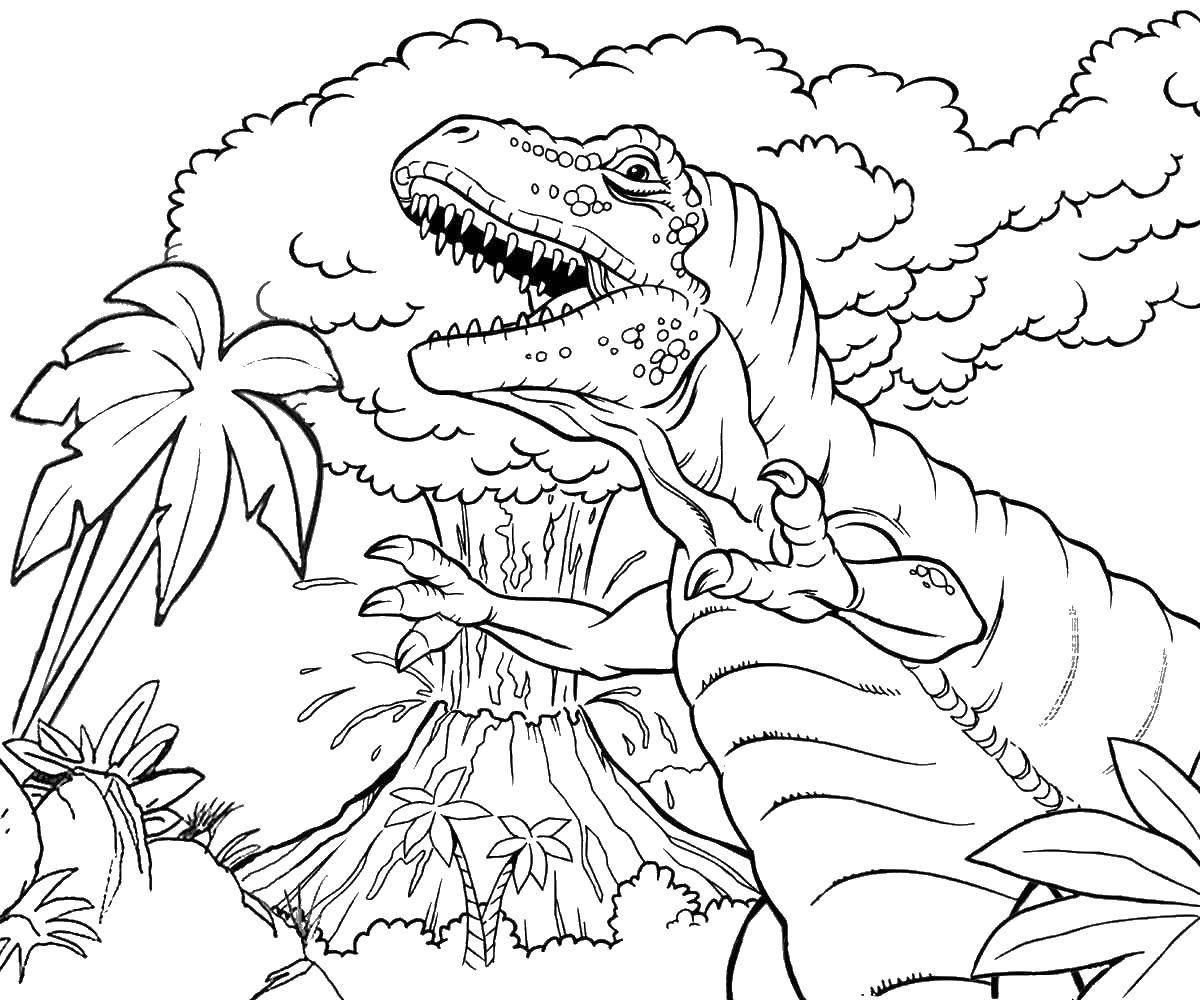 Розмальовки  Динозавр рятується від виверження вулкана. Завантажити розмальовку динозавр, пальми, дим.  Роздрукувати ,Вулкан,