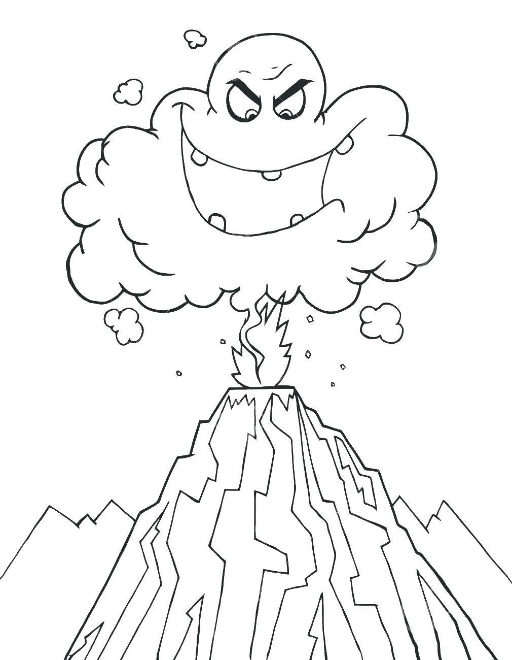 Розмальовки  Виверження вулкана і дим. Завантажити розмальовку виверження, дим.  Роздрукувати ,Вулкан,