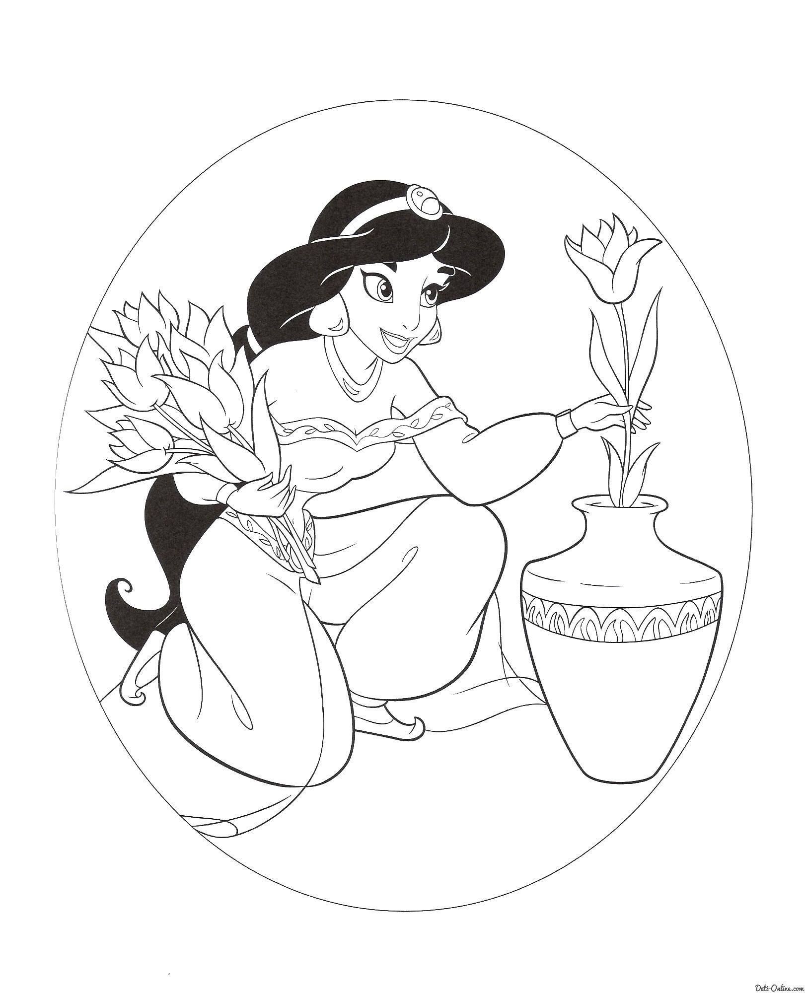 Название: Раскраска Принцесса жасмин и цветы. Категория: принцесса. Теги: аладдин, жасмин.