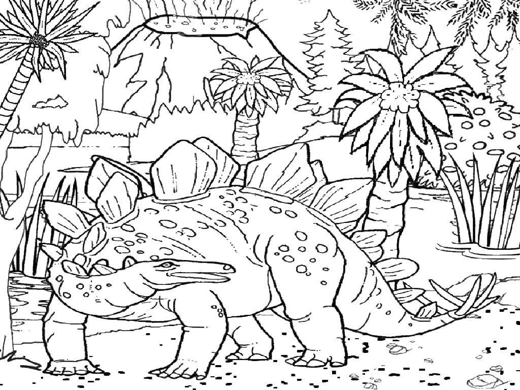 Розмальовки  Динозаври гинуть від виверження вулкана в древньому лісі з пальмами. Завантажити розмальовку динозавр, пальми, дим.  Роздрукувати ,Вулкан,