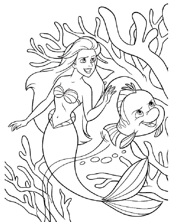 Название: Раскраска Ариэль и рыбка флаундер. Категория: принцесса. Теги: Ариэль, рыбка.