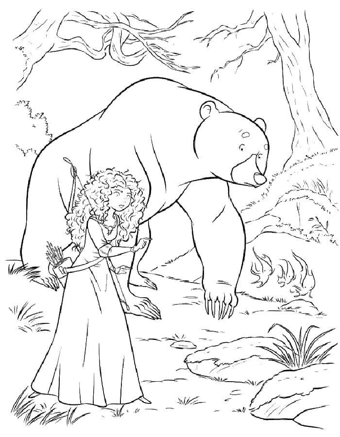 Название: Раскраска Мерида с медведем. Категория: принцесса. Теги: Мерида, медведь.