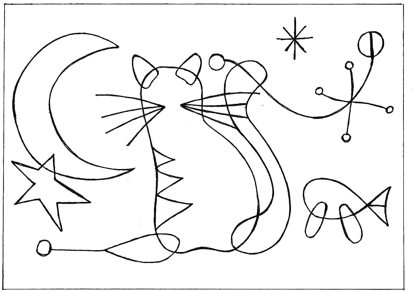 Название: Раскраска Абстракция котик рыбки. Категория: Животные. Теги: луна, кот, рыба.