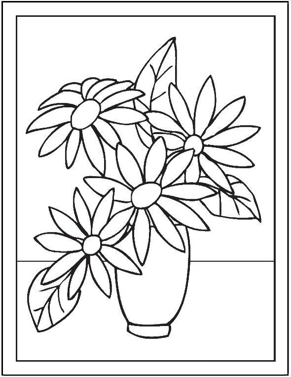 Название: Раскраска Четыре цветка в вазе с листьями. Категория: Ваза. Теги: ваза, цветы.