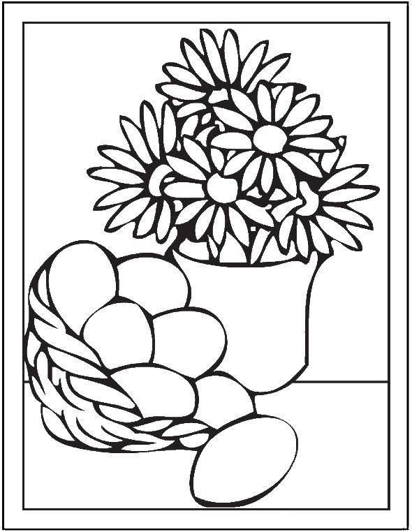 Coloring A bouquet of flowers in a vase and a basket with eggs. Category Vase. Tags:  Flowers, bouquet, vase.