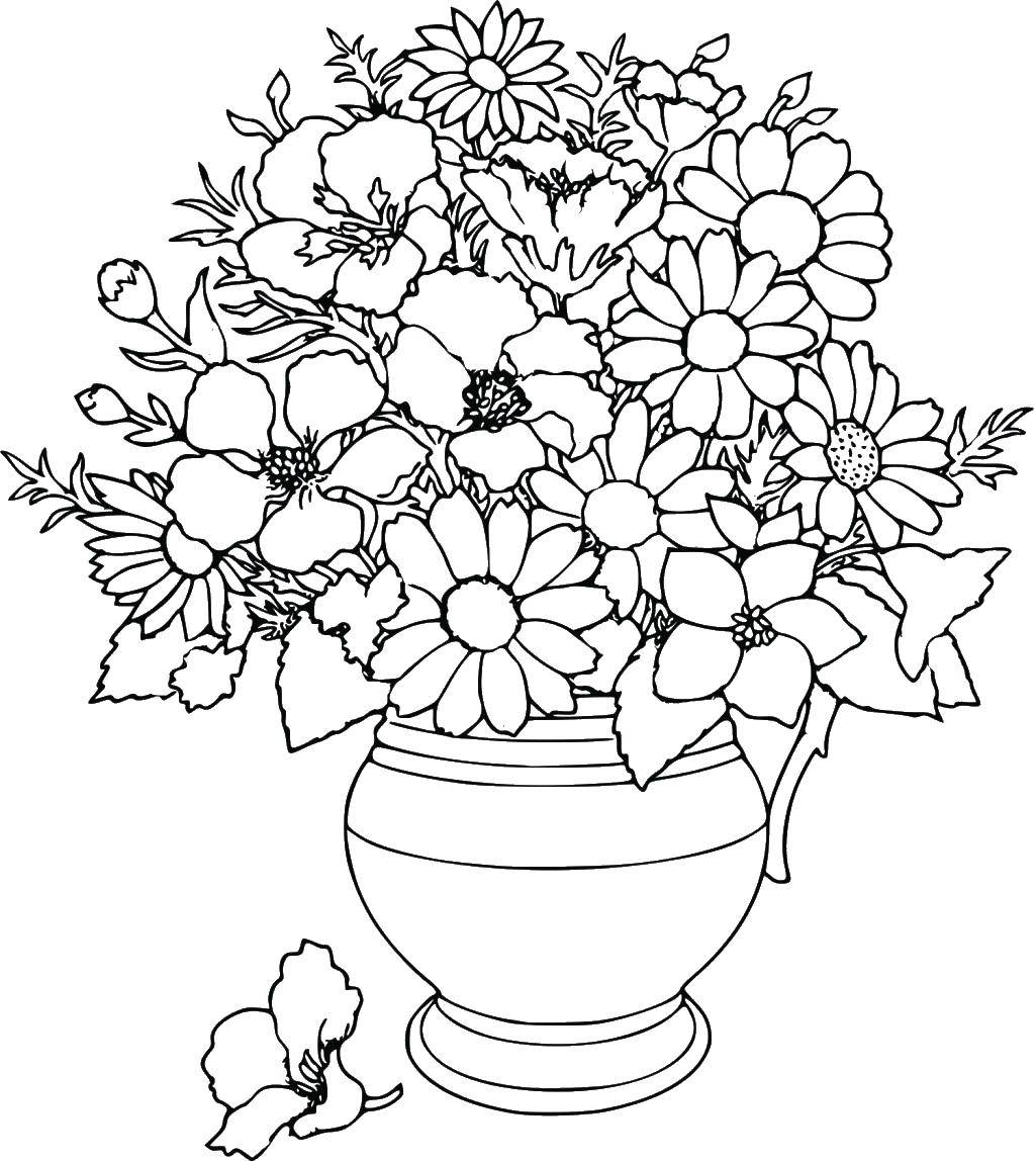 Coloring Vase with bouquet of flowers and one flower fell. Category Vase. Tags:  vase, flowers.