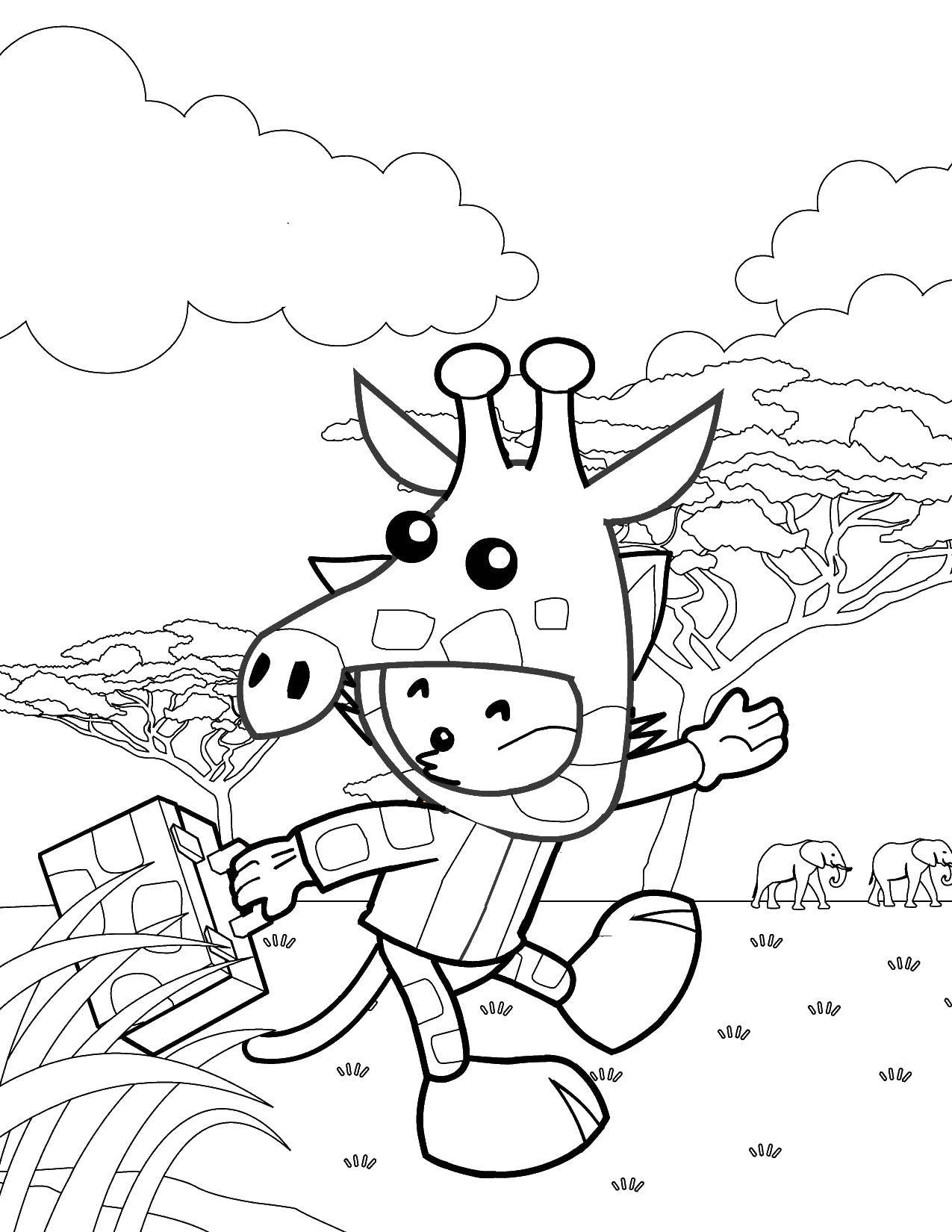 Coloring Kitty walks in Africa in a giraffe. Category Bathroom with shower. Tags:  giraffe, elephant, clouds.