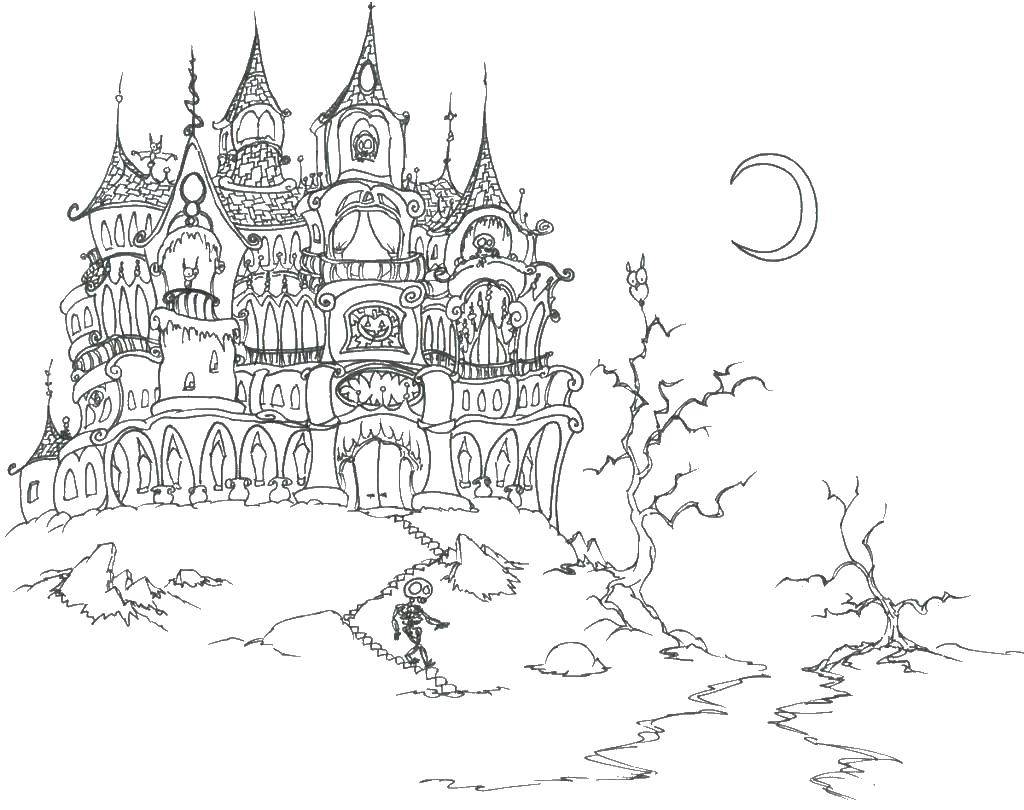 Название: Раскраска Замок луна и приведение. Категория: сложные раскраски. Теги: замок.