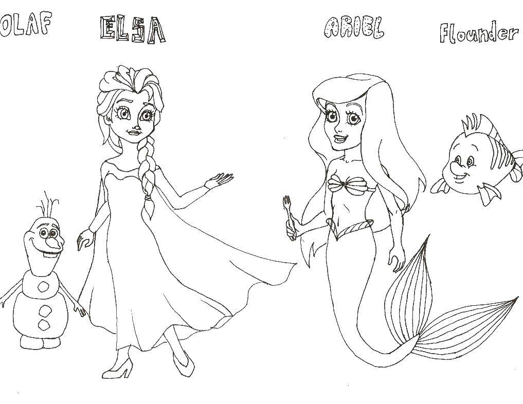 Название: Раскраска Ариэль и анна. Категория: Диснеевские мультфильмы. Теги: Ариэль, русалка, Анна. принцесса.