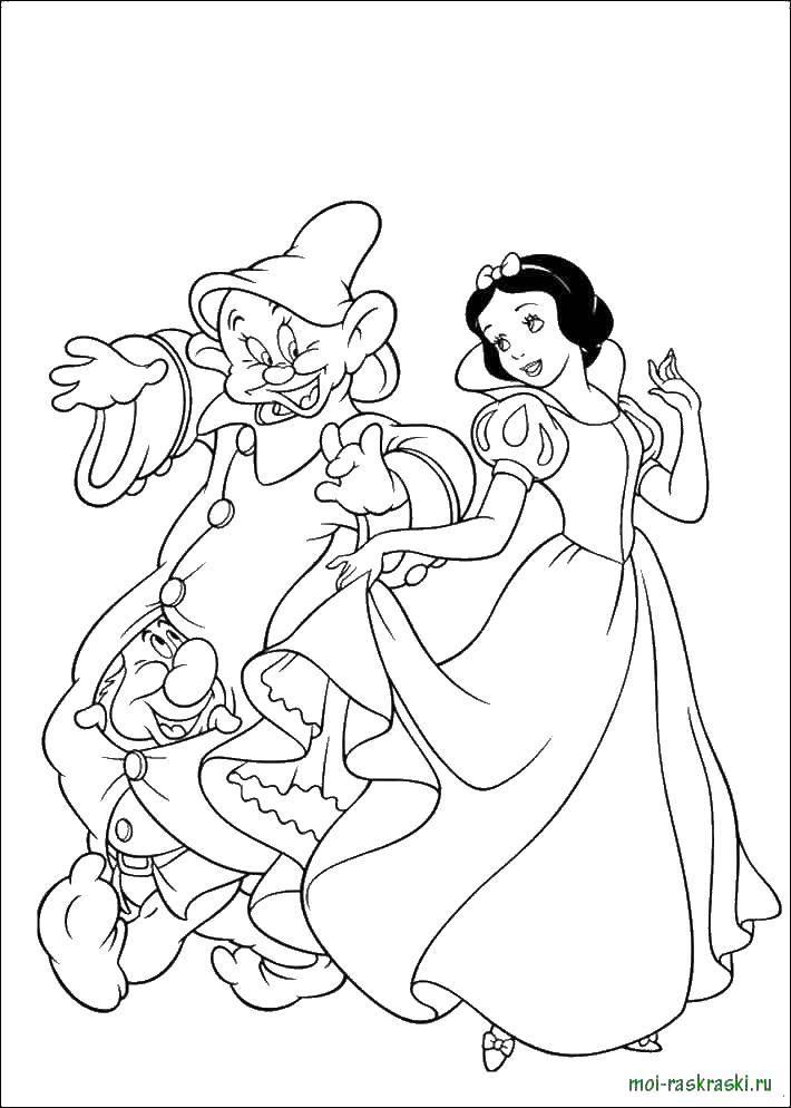 Coloring Snow white dancing with the dwarves. Category Princess. Tags:  Snow white, dwarf.