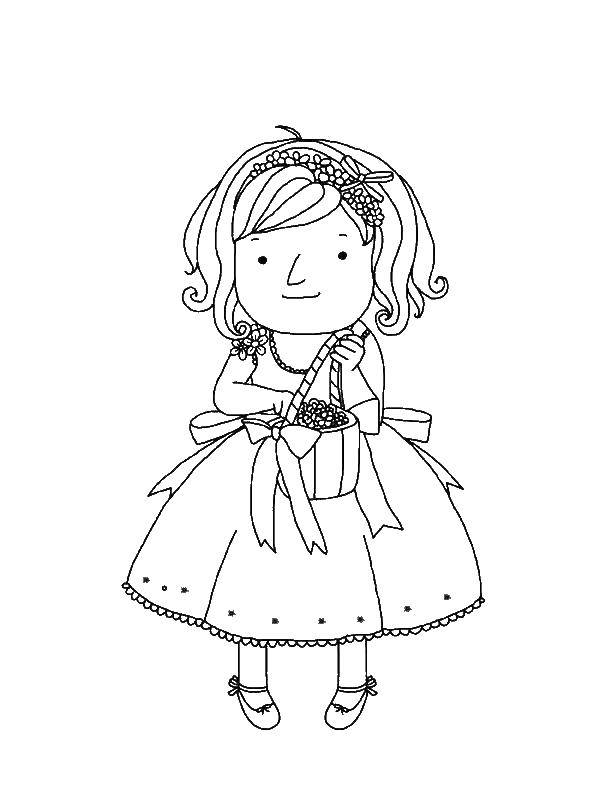 Coloring Girl with flowers for wedding. Category Wedding. Tags:  Wedding, dress, bride, groom.