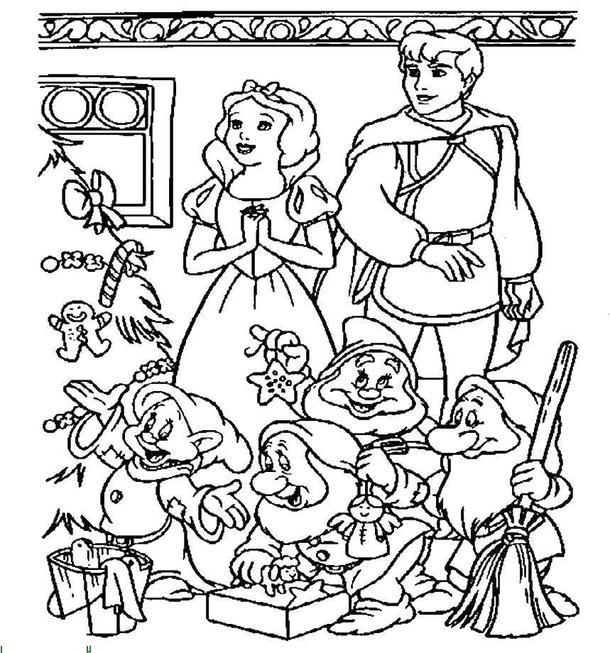 Раскраска к сказке Белоснежка и семь гномов