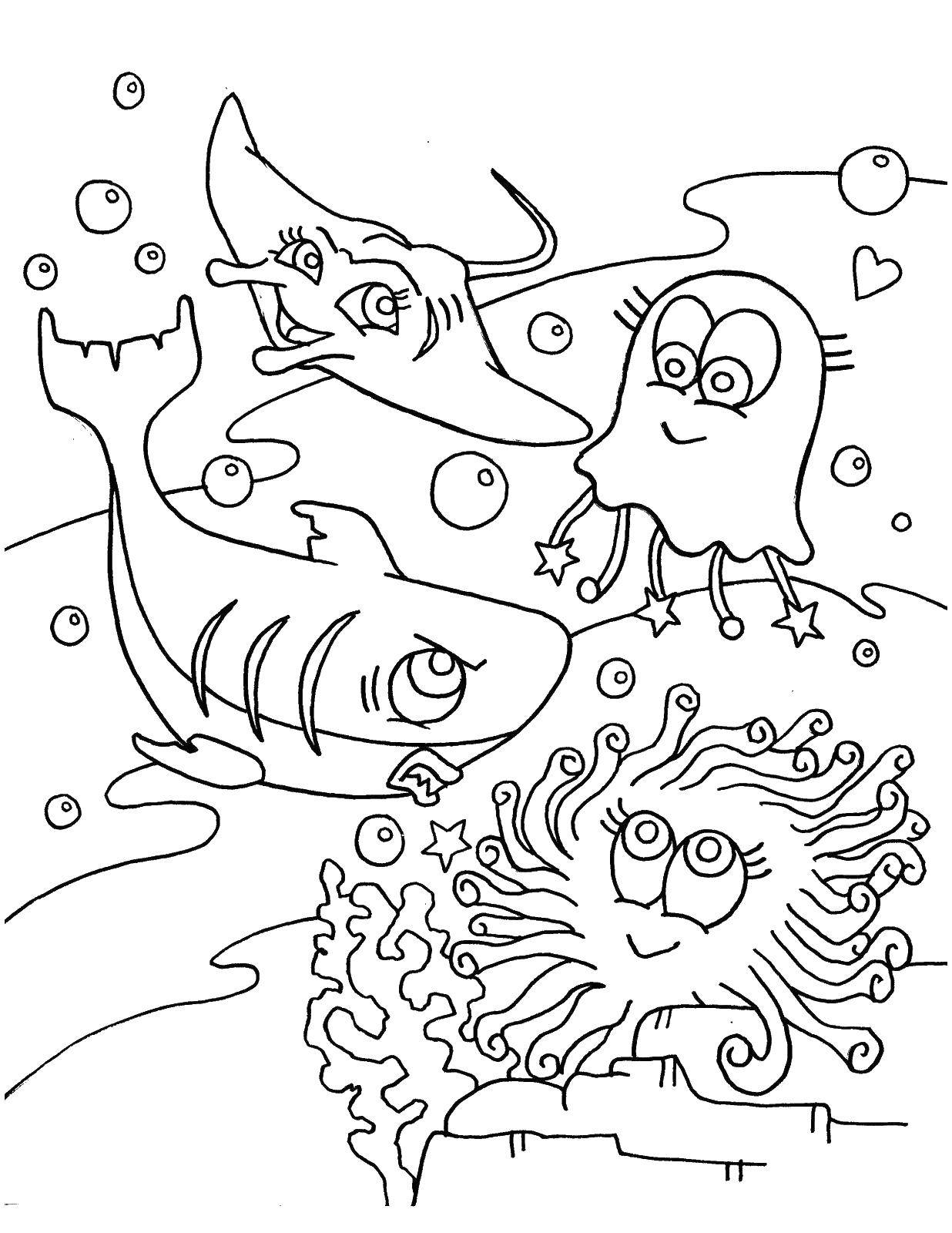 Название: Раскраска Медуза влюбилась в акулу. Категория: морские животные. Теги: Подводный мир.