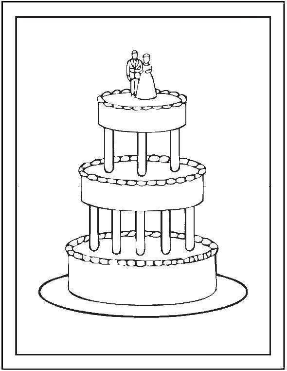Название: Раскраска Свадебный торт с фигуркой. Категория: Свадьба. Теги: Торт, еда, праздник.