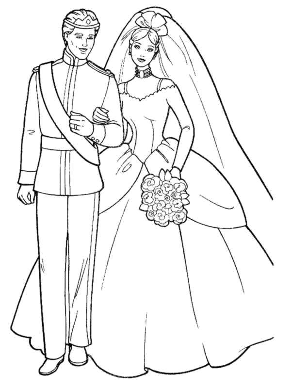 Название: Раскраска Барби невеста. Категория: Свадьба. Теги: Свадьба, платье, жених, невеста.