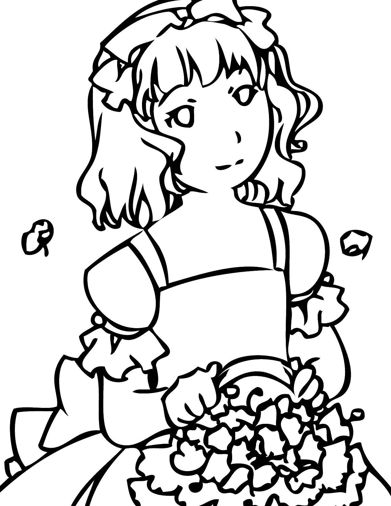 Coloring Girl with basket of flowers. Category Wedding. Tags:  wedding, girl, flowers.