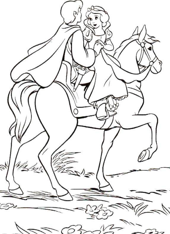 Название: Раскраска Белоснежка с принцем на коне. Категория: Диснеевские раскраски. Теги: Дисней, Белоснежка.