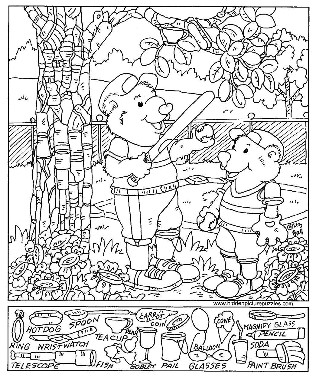 Coloring Find the objects from the bottom in the picture. Category Find what is hidden. Tags:  Hidden object.
