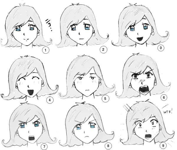 Название: Раскраска Аниме лицо с эмоциями. Категория: аниме лица. Теги: аниме, рисуем, тело, лицо.