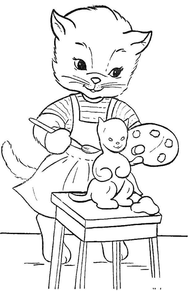 Название: Раскраска Кошечка красит фигурку кота. Категория: Кошка. Теги: кошка, кот.