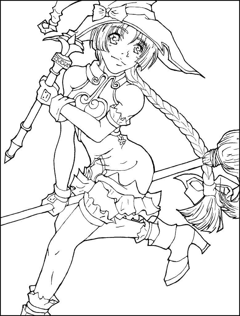Coloring Anime witch on a broomstick. Category anime. Tags:  anime girl.