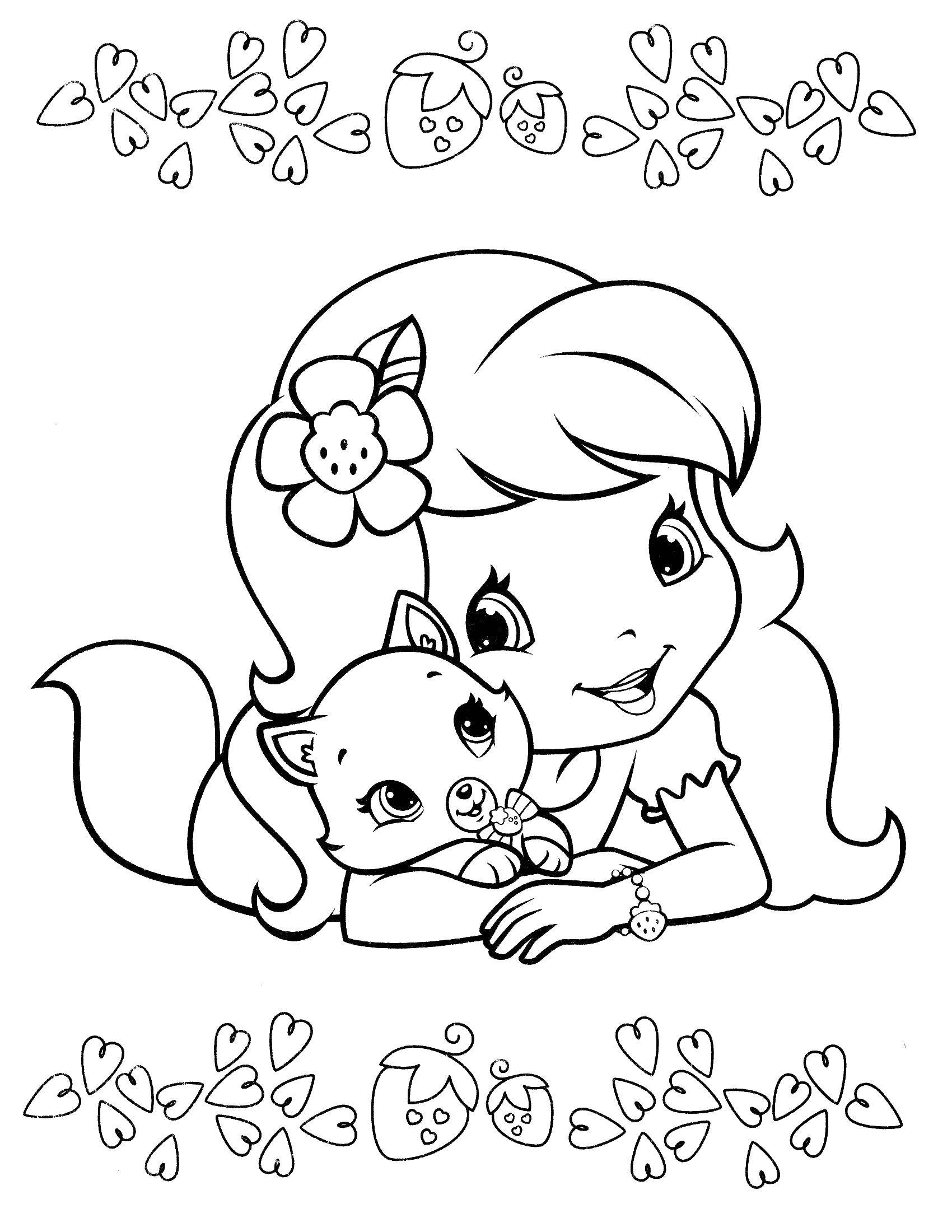 Coloring Charlotte strawberry hugs kitty. Category Charlotte zemlyanichka cartoons. Tags:  Charlotte, a strawberry, cartoons.