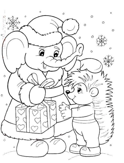 Coloring The elephant gives the hedgehog a gift. Category little animals. Tags:  elephant, hedgehog.