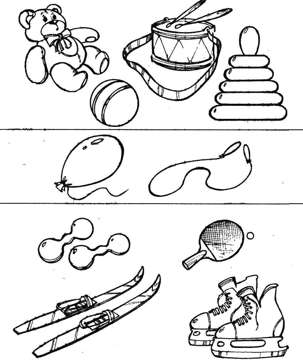Опис: розмальовки  Які предмети підходять один до одного. Категорія: знайди предмети. Теги:  логіка, іграшки, спорт.
