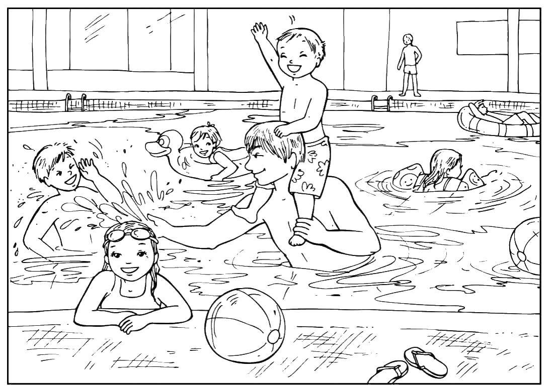 Название: Раскраска Папа купается с детьми в бассейне. Категория: спорт. Теги: плавание, бассейн.