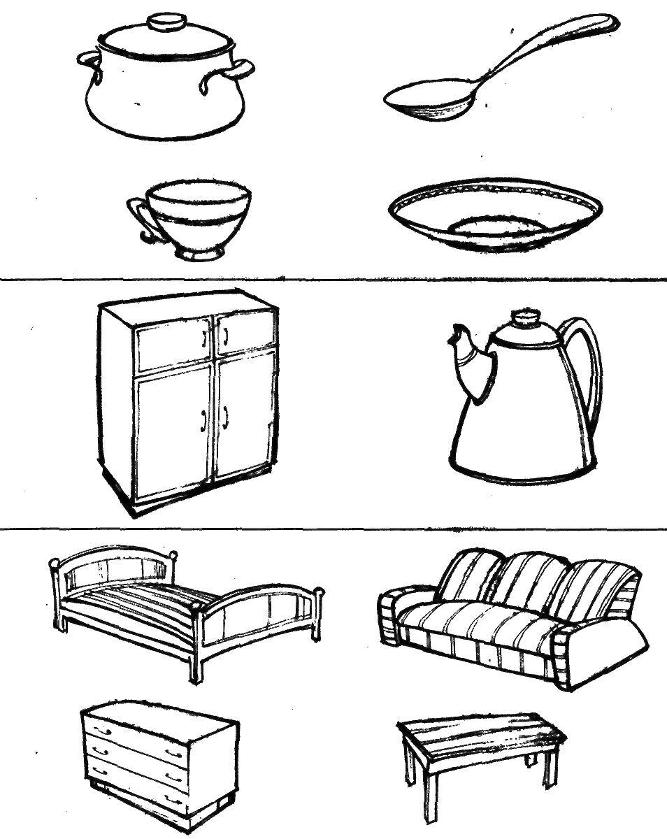 Название: Раскраска Выбери неверную группу предметов. Категория: найди предметы. Теги: посуда, мебель.