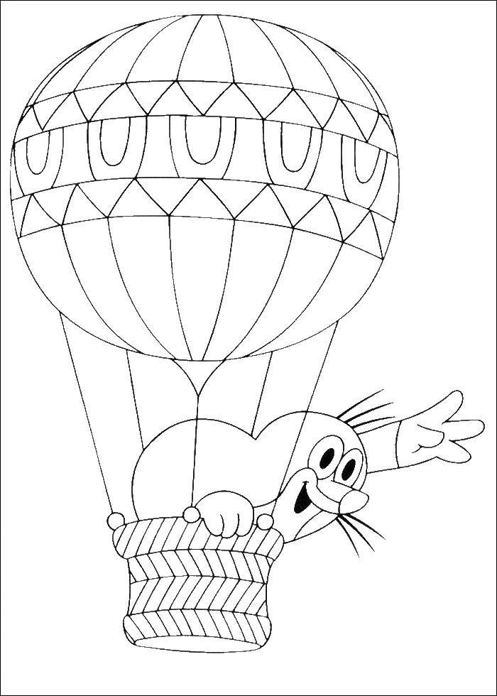 Название: Раскраска Крот на воздушном шаре. Категория: летательные аппараты. Теги: крот, воздушный шар.