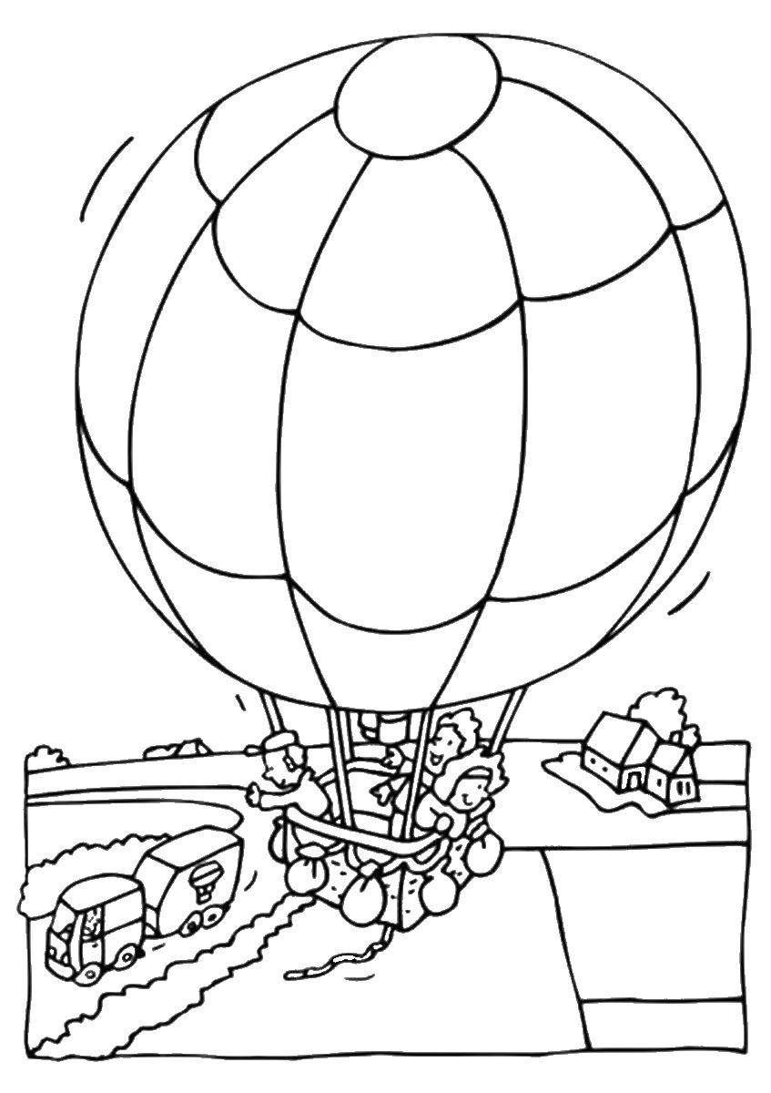 Название: Раскраска Люди катаются на воздушном шаре. Категория: летательные аппараты. Теги: воздушый шар.