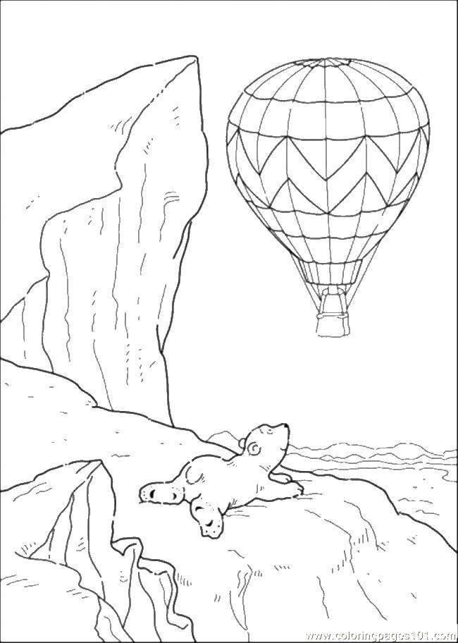 Название: Раскраска Мишка наблюдает за воздушным шаром. Категория: летательные аппараты. Теги: воздушный шар.