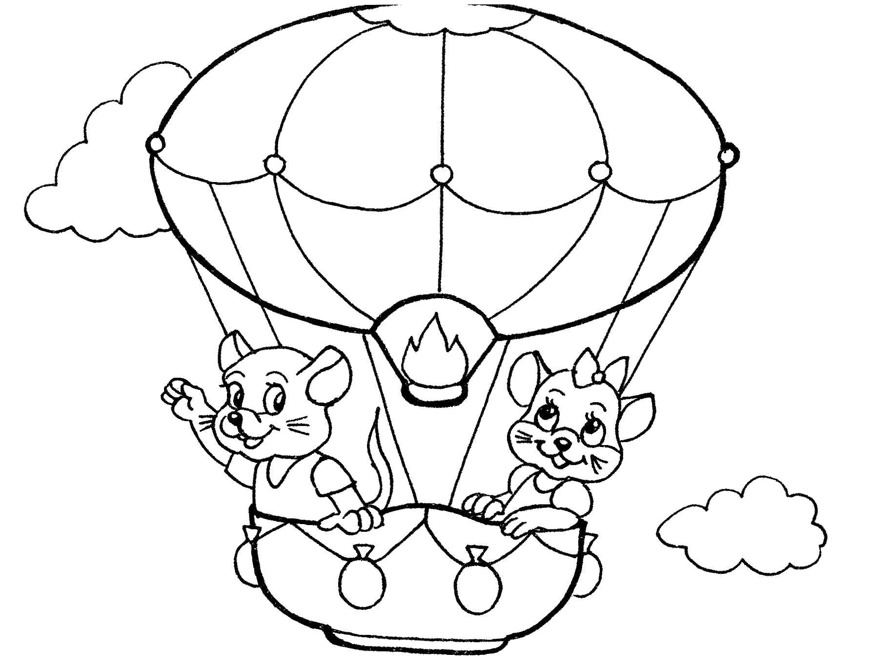 Название: Раскраска Мыши катаются на воздушном шаре. Категория: летательные аппараты. Теги: воздушный шар, мышь.