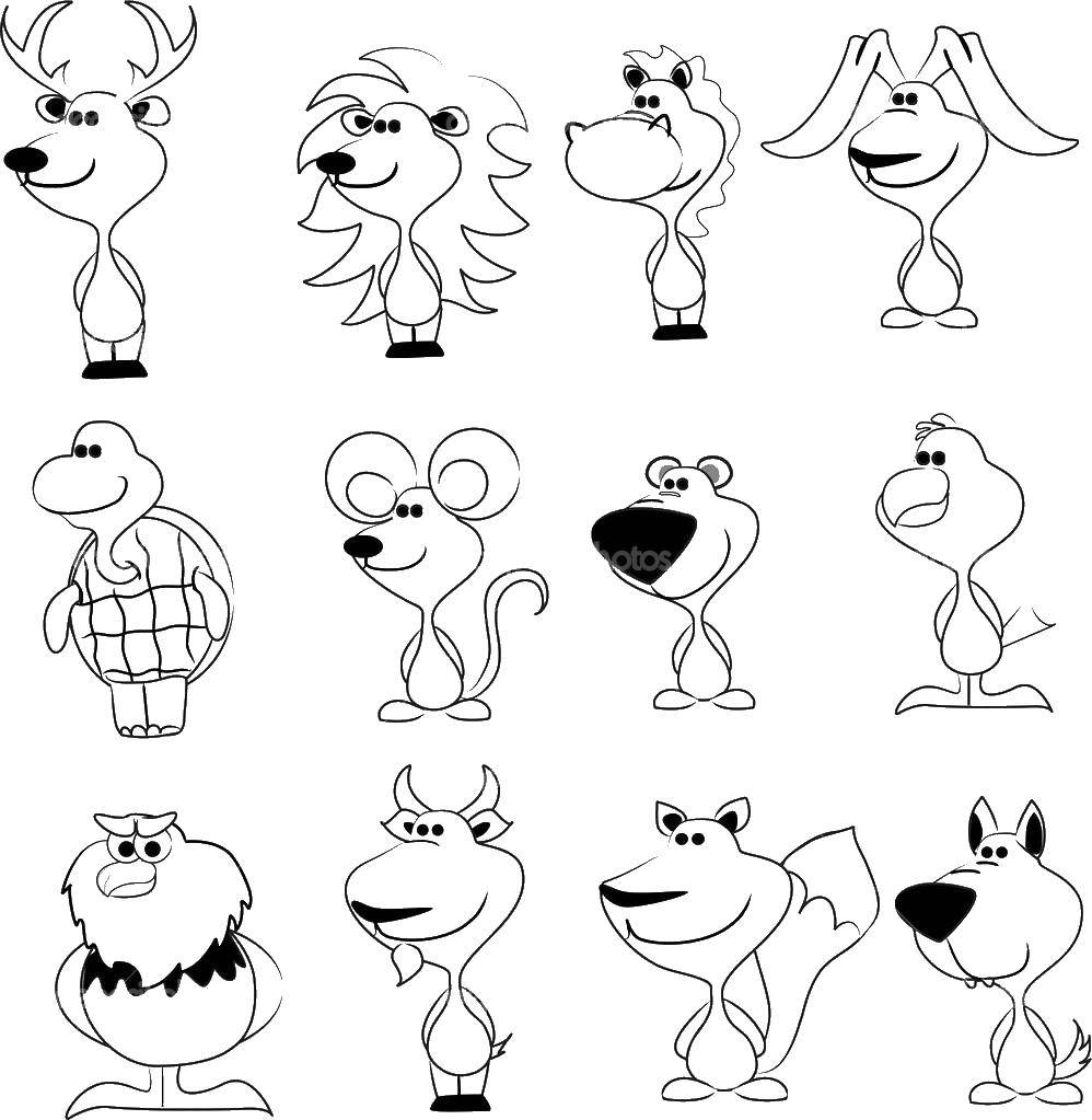 Coloring Different animals the outline for cutting. Category cute animals. Tags:  animals.