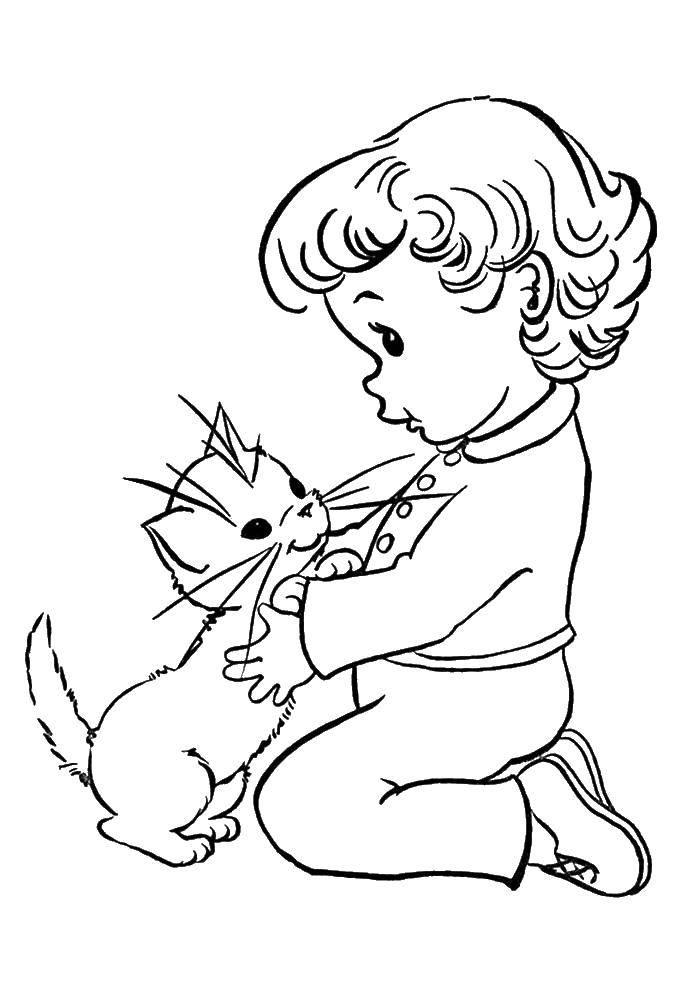 Розмальовки  Хлопчик грає з котом. Завантажити розмальовку кіт, хлопчик.  Роздрукувати ,кошенята і цуценята,
