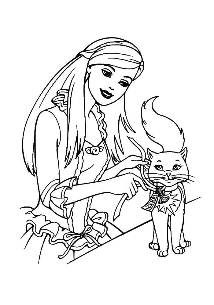 Coloring Girl with cat. Category Cats and kittens. Tags:  animals, cat, kitten, girl.