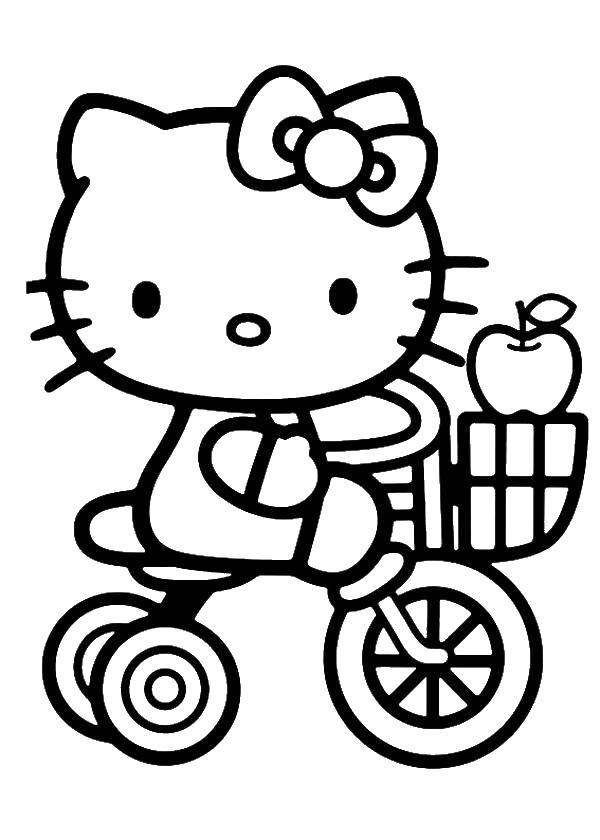 Название: Раскраска Китти на велосипеде с яблоком. Категория: Китти. Теги: трехколесный велосипед, яблоко.