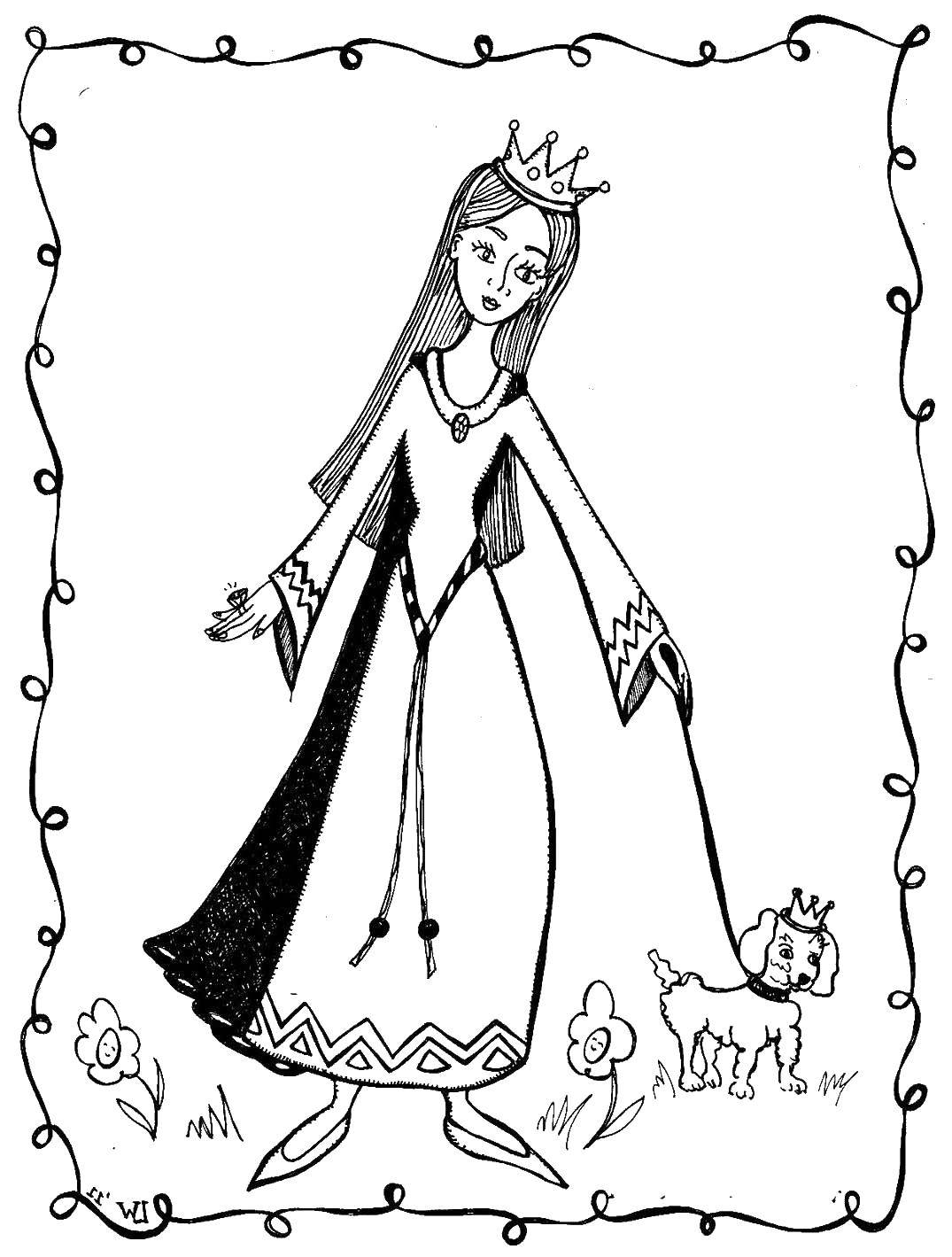 Название: Раскраска Принцесса с собакой. Категория: принцесса. Теги: принцессы.